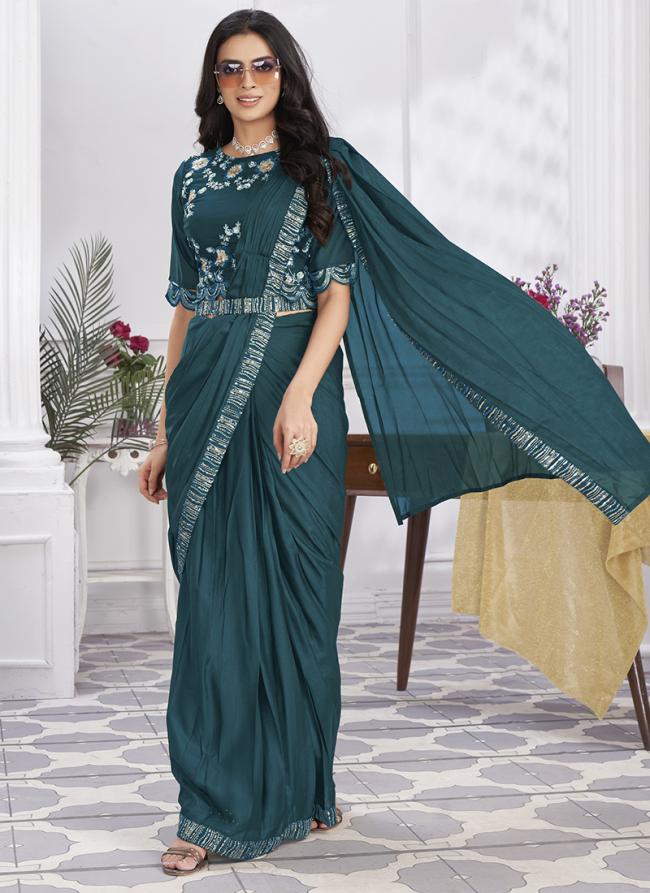 Shimmer Georgette Turquoise Party Wear Embroidery Work Ready To Wear Saree